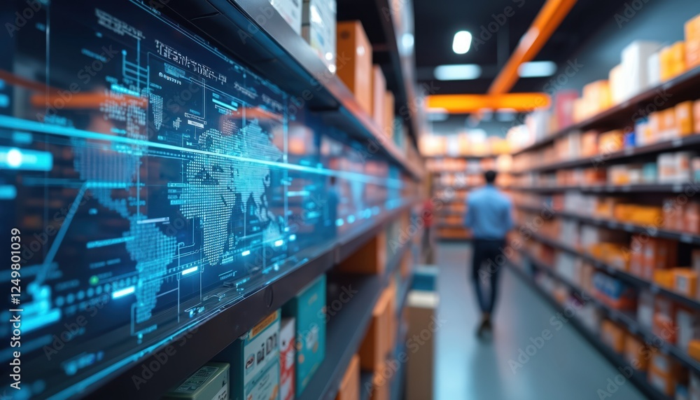 Futuristic retail store displays advanced tech, generative AI. Global data map appears on screen above shelves. Customer walks past shelves with products. Modern store design smart tech integration. Futuristic retail store displays advanced tech, generative AI. Global data map appears on screen above shelves. Customer walks past shelves with products. Modern store design smart tech integration.