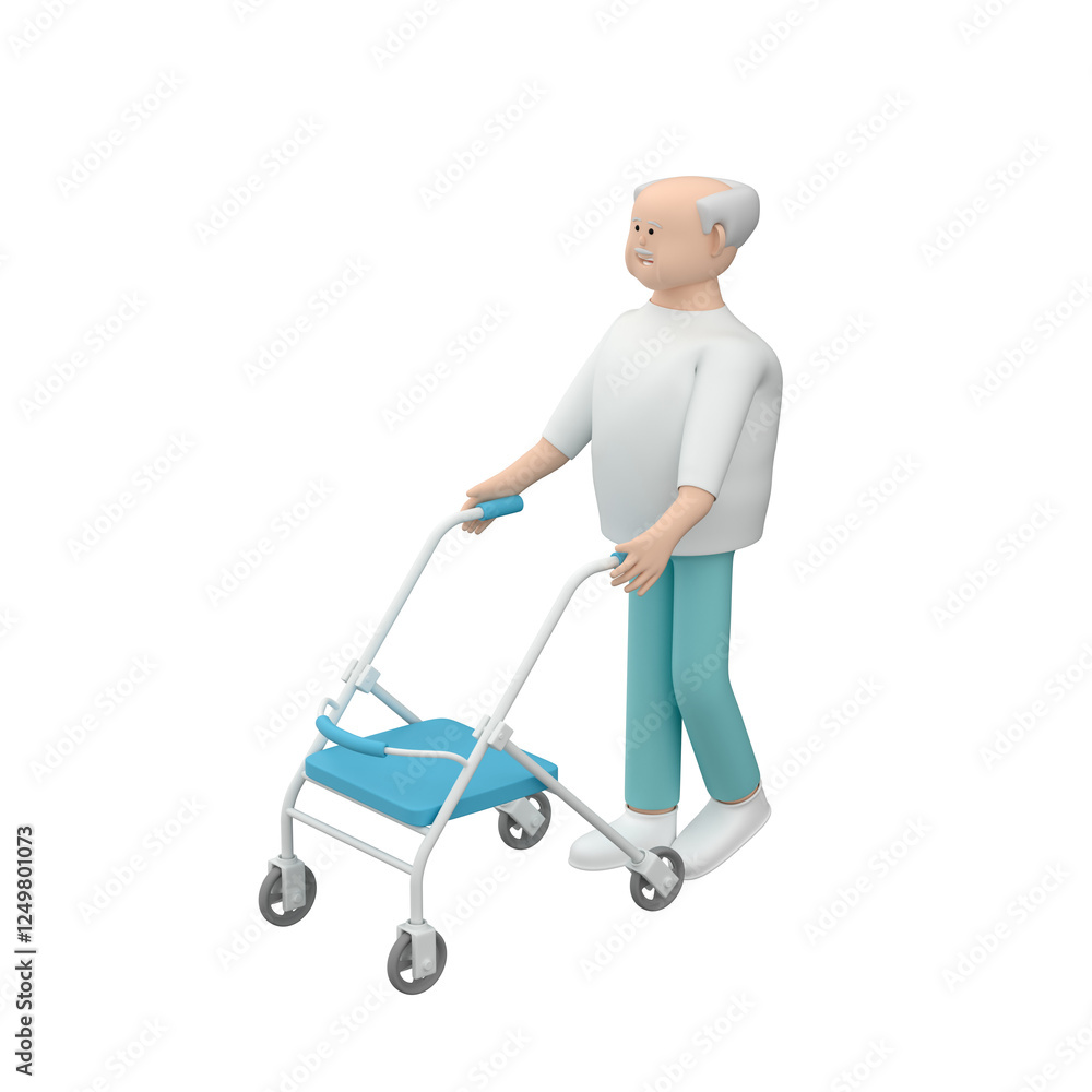 Senior male character with walking frame wearing medical attire, 3d illustration Senior male character with walking frame wearing medical attire, 3d illustration