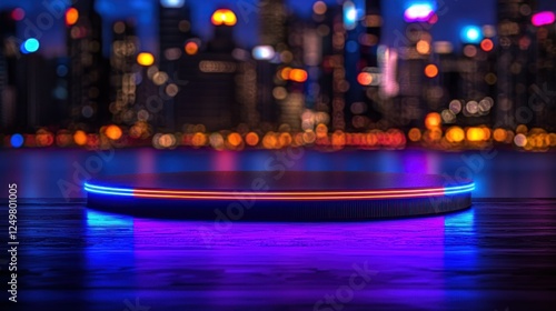 Illuminated Circular Platform on Wooden Surface at Night Cityscape photo