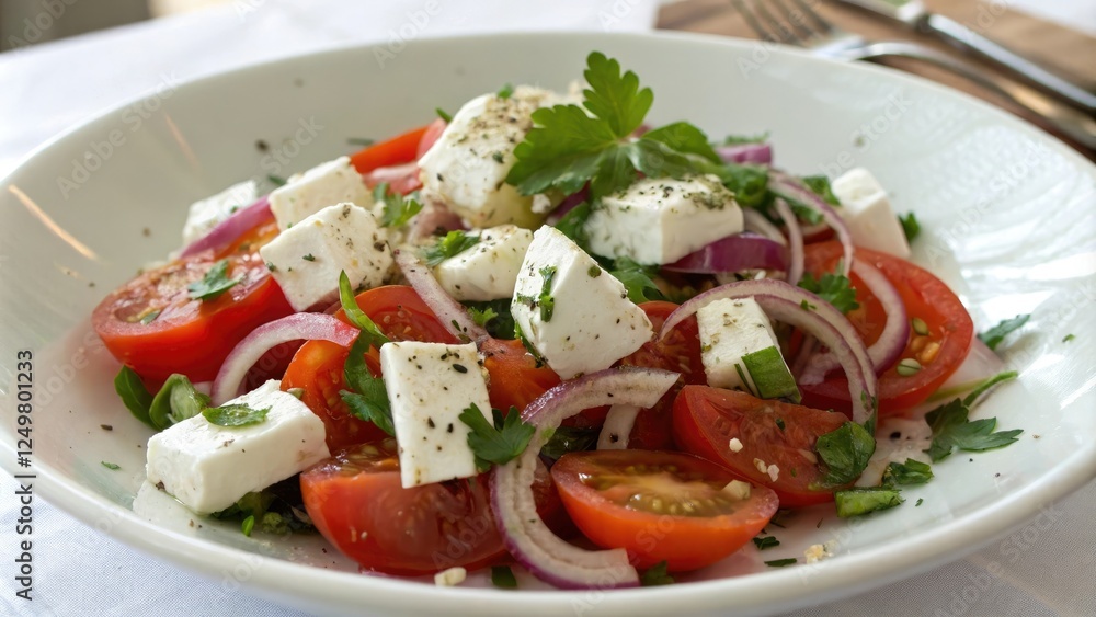 Salads with tomato feta and onion on a plate with fresh herbs, feta, salad plate Salads with tomato feta and onion on a plate with fresh herbs, feta, salad plate