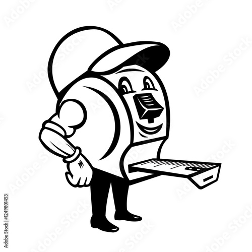Mascot illustration of cartoon character tape measure handyman wearing hat or cap standing viewed from front on isolated white background done in retro black and white style.
