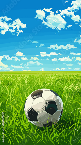 Soccer Ball on Lush Green Field Under Clear Blue Sky in Summer Season