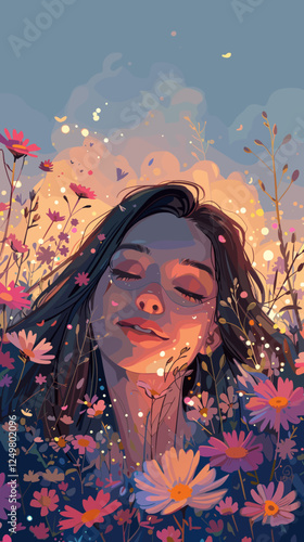 Soft Focus Portrait of Smiling Woman Surrounded by Wildflowers at Dusk