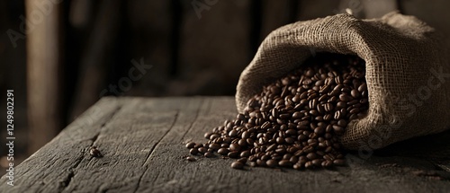 Side View of Brown Coffee Beans in a Sack on Rustic Wooden Background photo