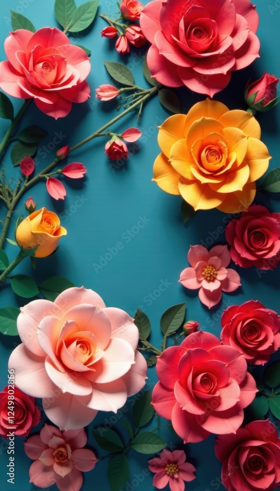 Vibrant paper roses in diverse hues create a festive backdrop , red, hobby, craft Vibrant paper roses in diverse hues create a festive backdrop , red, hobby, craft