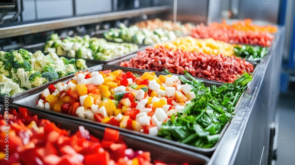 Mass production of frozen vegetables in a high-tech processing plant. Mass production of frozen vegetables in a high-tech processing plant.