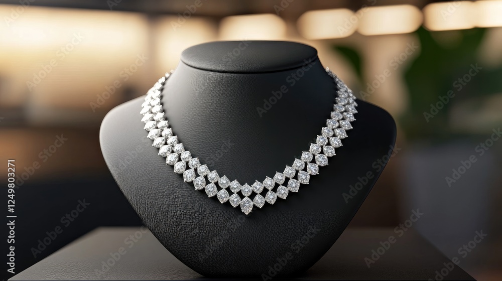 Minimalist display of a diamond necklace draped over a modern, matte black pedestal. Minimalist display of a diamond necklace draped over a modern, matte black pedestal.
