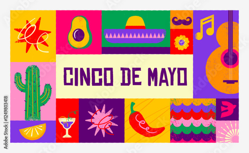 Cinco De Mayo Colorful, bold design in vibrant colors. Hand drawn textured Mexican elements. Fiesta and Mexico icons.