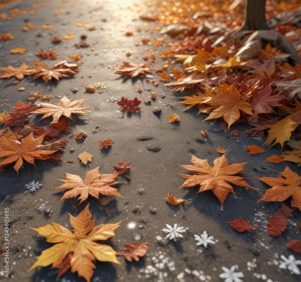 Snowflakes gently fall onto a blanket of autumn leaves scattered on the ground , autumn leaves, scenery Snowflakes gently fall onto a blanket of autumn leaves scattered on the ground , autumn leaves, scenery