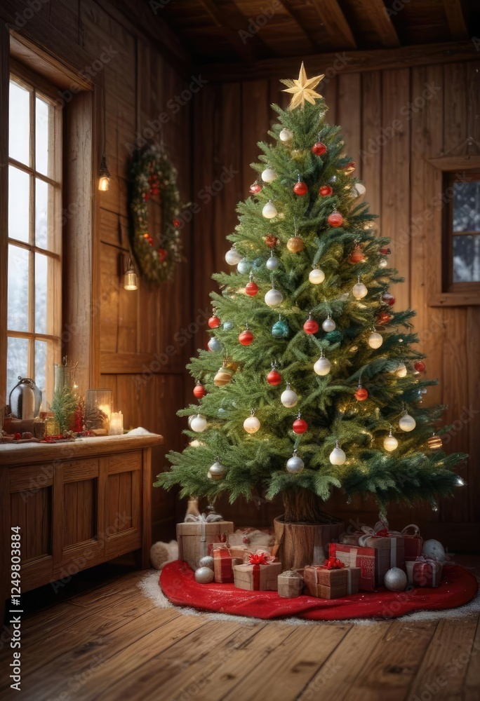 Snowy fir Christmas tree with ornaments and lights in a rustic wooden room , rustic, holiday Snowy fir Christmas tree with ornaments and lights in a rustic wooden room , rustic, holiday