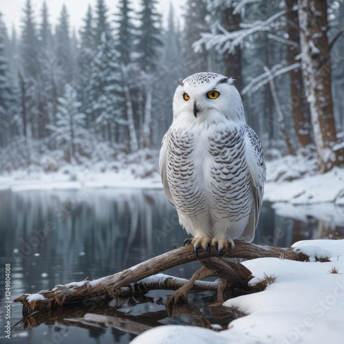 Snowy owl in a snowy forest with frozen lake and snow-covered trees, icy, snowcovered, forest