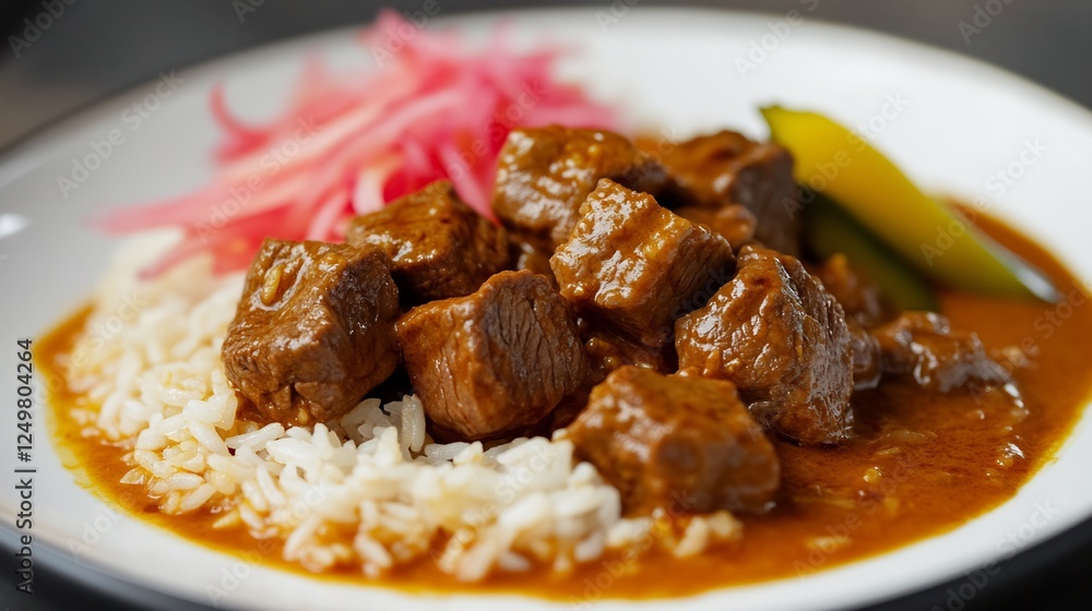 Japanese curry rice tender beef chunks served with a side of pickled ginger on a sleek white plate Japanese curry rice tender beef chunks served with a side of pickled ginger on a sleek white plate