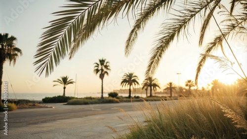 Soft golden light filters through delicate palm leaves in a serene summer atmosphere, warm, palm