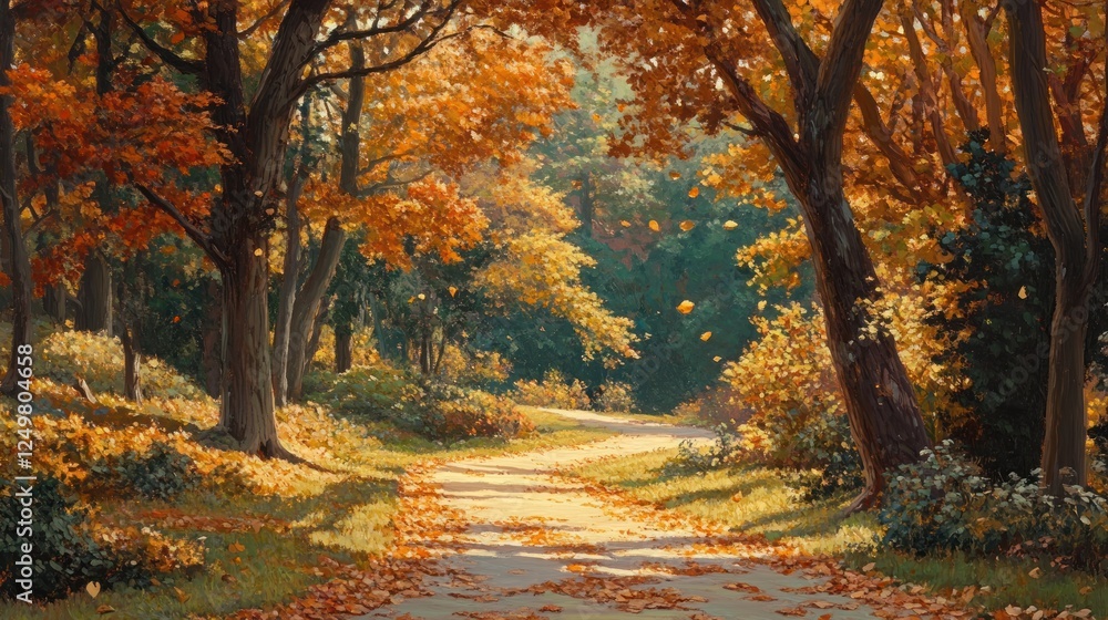 A serene autumn pathway lined with colorful trees and fallen leaves. A serene autumn pathway lined with colorful trees and fallen leaves.