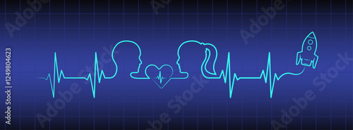 Editable blue medical wallpaper, love couple, man, woman head, rocket vector art. Heart rhythm ekg vector design to use for love, healthy lifestyle, emotion, romance concept projects. 