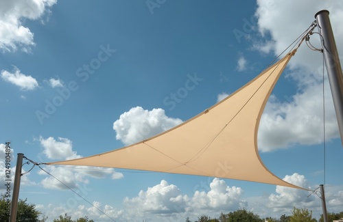Outdoor patio shelter with taut white canopy. Modern design. Large tarp provides shade, protection from sun, rain. Attached to poles with ropes. Ideal for outdoor spaces like restaurants,