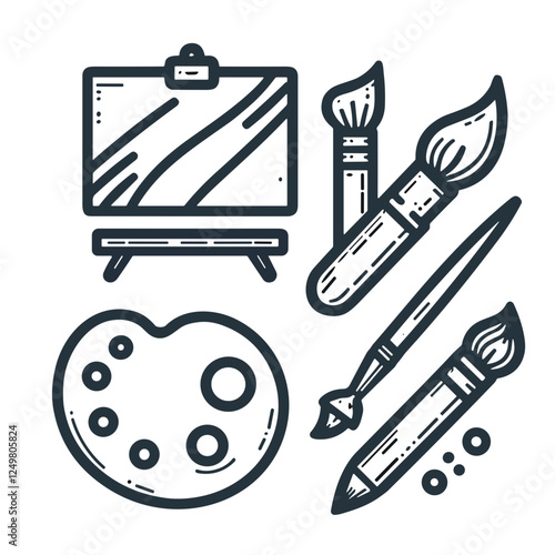 Artist supplies icons featuring easel, brushes, and paint palette for painting and drawing