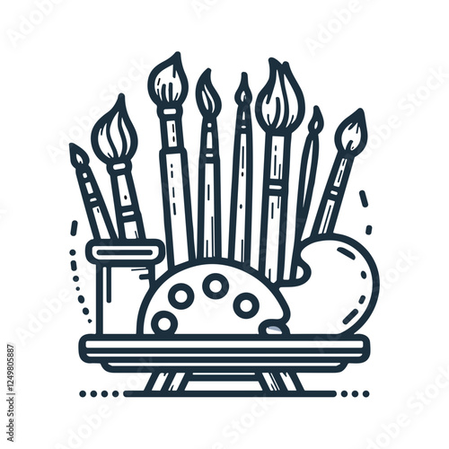 Artist supplies icons featuring brushes, paint palette, and tools for drawing and painting