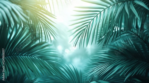 Intricate palm leaves backlit by warm sunlight on soft blue gradient