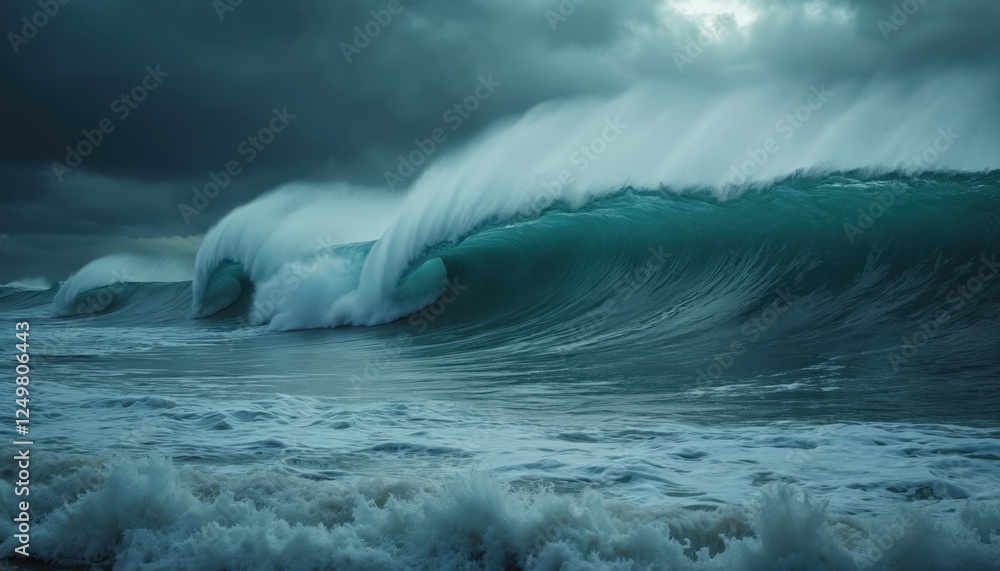 Powerful ocean waves crash on shore. Dramatic seascape under overcast sky. Huge waves surge toward coast. Nature raw power evident. Ocean water splashes, foams. Stormy weather creates dangerous Powerful ocean waves crash on shore. Dramatic seascape under overcast sky. Huge waves surge toward coast. Nature raw power evident. Ocean water splashes, foams. Stormy weather creates dangerous