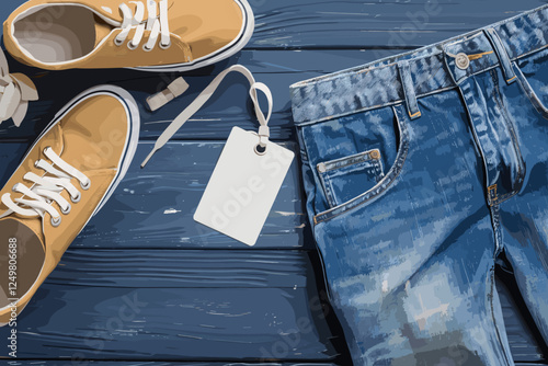 Stylish Blue Jeans with Blank White Tag and Casual Shoes, Wooden Surface Background