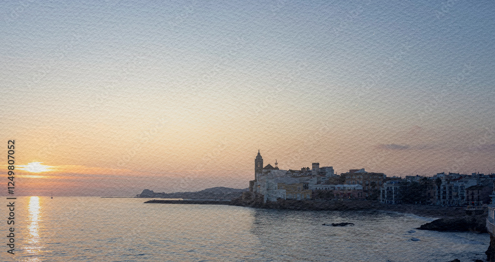 Obraz premium Beautiful sunset over the ocean with a small town in the background