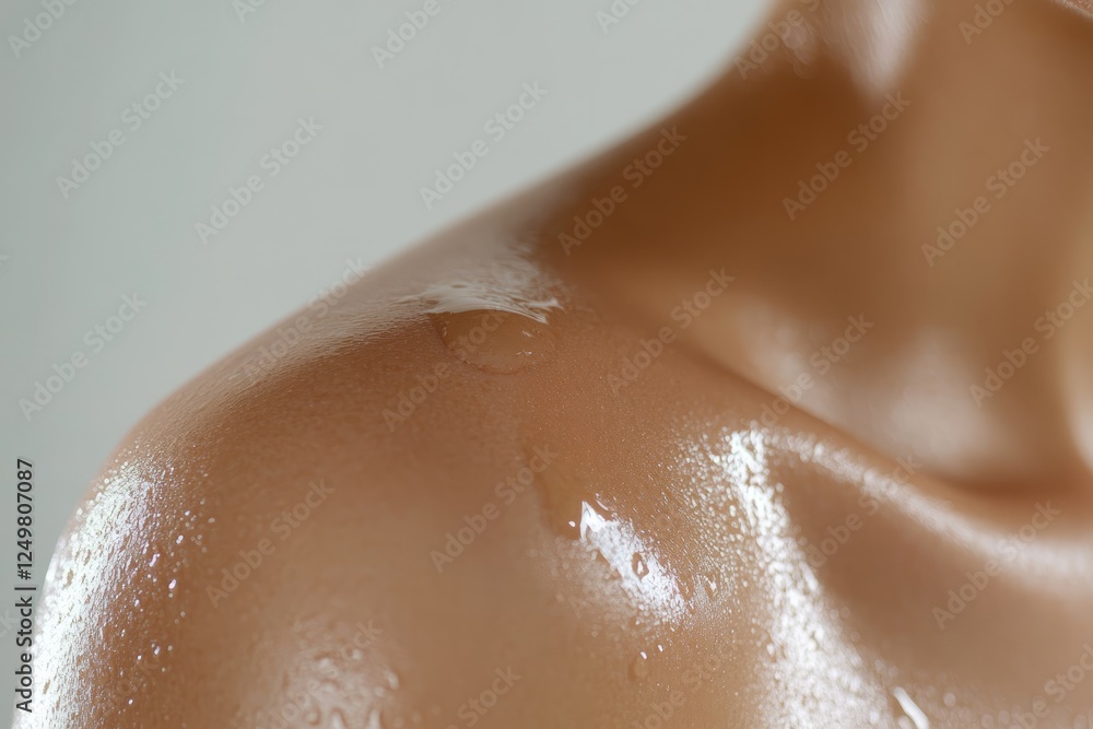 Fototapeta premium A detailed close-up of the skin on woman's shoulder. small cream on her shoulder