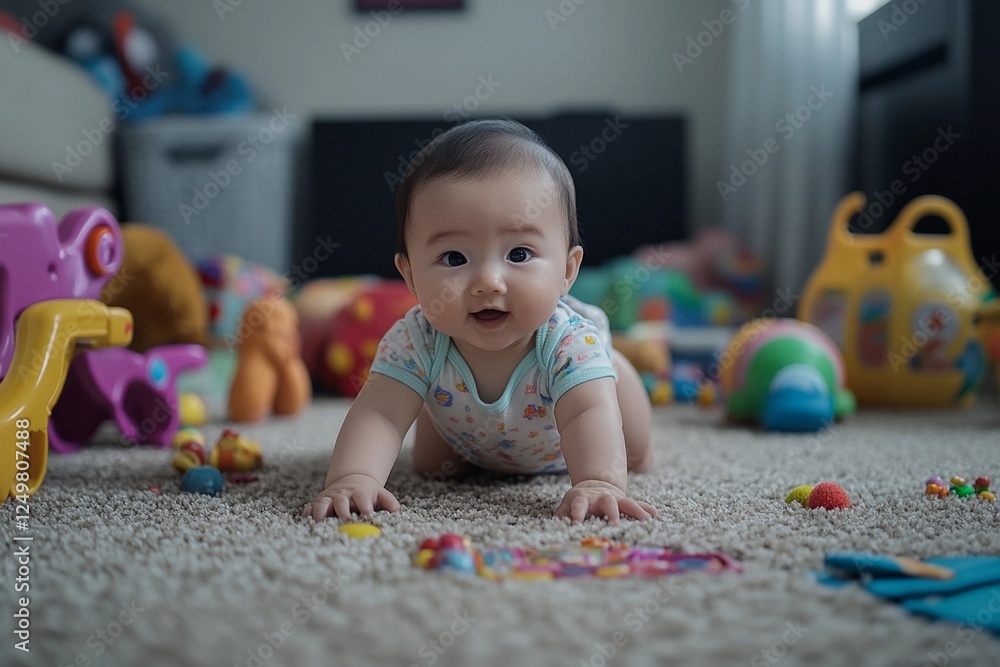 Baby crawling on soft carpet surrounded by colorful toys enjoying a playful moment in a cozy indoor space Baby crawling on soft carpet surrounded by colorful toys enjoying a playful moment in a cozy indoor space