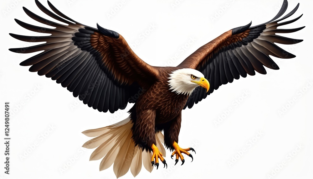 Bald eagle soars with wide wings in mid-flight. Powerful bird of prey is in dynamic landing position. Illustration depicts majestic wildlife scene. Photorealistic style captures eagle details. Bald eagle soars with wide wings in mid-flight. Powerful bird of prey is in dynamic landing position. Illustration depicts majestic wildlife scene. Photorealistic style captures eagle details.