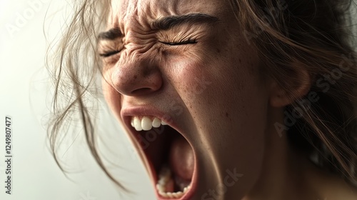 A close-up of a screaming woman's face conveys pure raw emotion, showcasing her tension and distress in a powerful articulation of human experience and resilience. photo