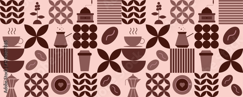 Modern geometric pattern on the theme of coffee with traditional symbols such as coffee cup, coffee beans, turk, decorative elements. Horizontal coffee banner. Vector