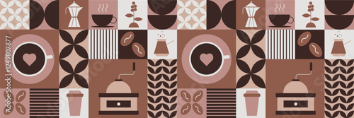 Modern geometric pattern on the theme of coffee with traditional symbols such as coffee cup, coffee beans, turk, decorative elements. Horizontal coffee banner. Vector