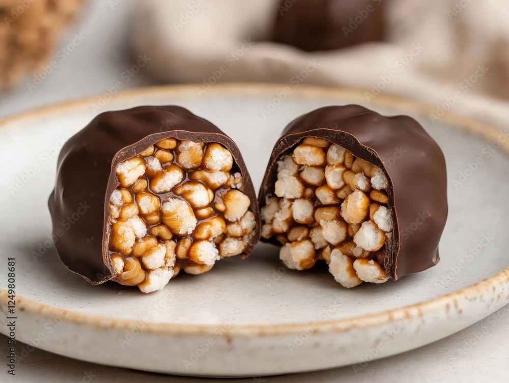 Generative AI, Handcrafted chocolate bars with crispy puffed rice and nuts on a ceramic plate