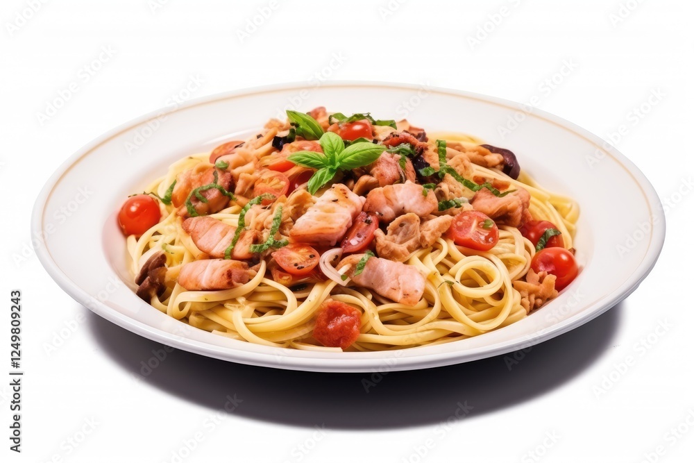 Plate of pasta with assorted meats seafood and tomatoes on a white background Plate of pasta with assorted meats seafood and tomatoes on a white background