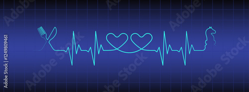 Editable line diet strategy illustration with fork, knife, chess horse. Heartbeat line blue vector design to use for healthcare, weight loss, healthy lifestyle, healthy food, dieting projects. 