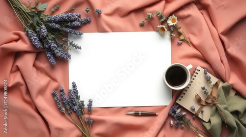 Flat lay with blank paper, flowers and coffee on textured fabric backdrop photo