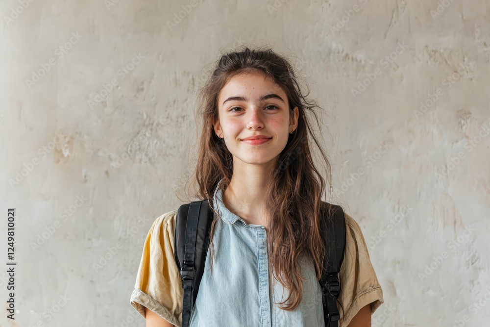 Female student with a backpack standing in front of a plain backdrop, space for text. Female student with a backpack standing in front of a plain backdrop, space for text.