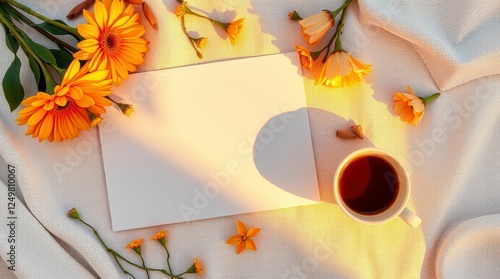 Flat lay with blank paper, flowers and coffee on textured fabric backdrop photo