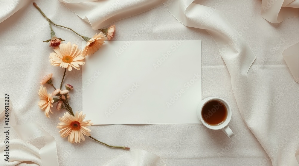 Flat lay with blank paper, flowers and coffee on textured fabric backdrop Flat lay with blank paper, flowers and coffee on textured fabric backdrop