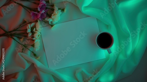 Flat lay with blank paper, flowers and coffee on textured fabric backdrop photo