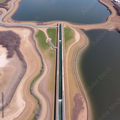 Aerial view of sewage inflow channels leading to a treatment plant. photo