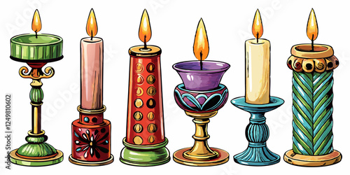 Set of isolated candles in decorative holders – Detailed cartoon vector illustration on white background, including pillar candle, stick candle, rustic candle, tealight and scented candle in glass