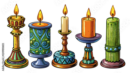 Set of isolated candles in decorative holders – Detailed cartoon vector illustration on white background, including pillar candle, stick candle, rustic candle, tealight and scented candle in glass