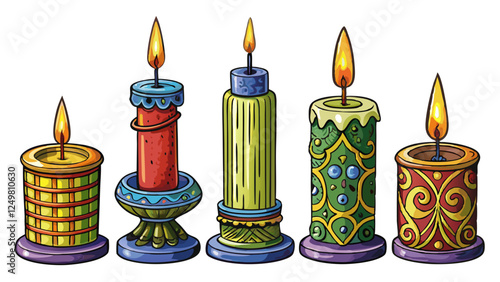 Set of isolated candles in decorative holders – Detailed cartoon vector illustration on white background, including pillar candle, stick candle, rustic candle, tealight and scented candle in glass