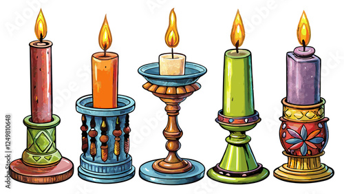Set of isolated candles in decorative holders – Detailed cartoon vector illustration on white background, including pillar candle, stick candle, rustic candle, tealight and scented candle in glass