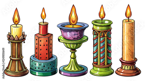 Set of isolated candles in decorative holders – Detailed cartoon vector illustration on white background, including pillar candle, stick candle, rustic candle, tealight and scented candle in glass