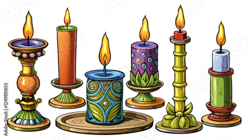 Set of isolated candles in decorative holders – Detailed cartoon vector illustration on white background, including pillar candle, stick candle, rustic candle, tealight and scented candle in glass