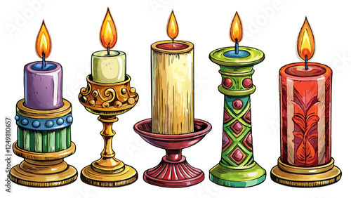 Set of isolated candles in decorative holders – Detailed cartoon vector illustration on white background, including pillar candle, stick candle, rustic candle, tealight and scented candle in glass