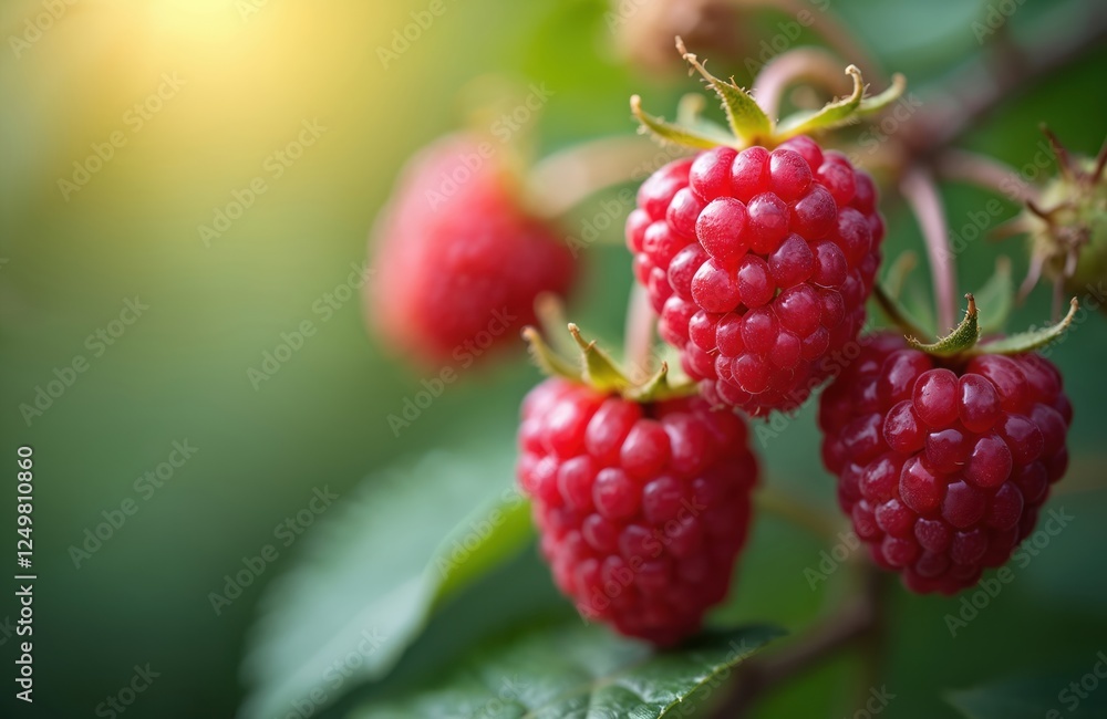 Close-up view of ripe raspberries on plant. Ripe red berries with small bumps in focus on plant. Blurred green foliage, background creates bokeh effect. Sunshine highlights juicy fruit. Healthy Close-up view of ripe raspberries on plant. Ripe red berries with small bumps in focus on plant. Blurred green foliage, background creates bokeh effect. Sunshine highlights juicy fruit. Healthy