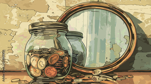 Tip Jar with Coins on Cafe Counter Reflecting in Vintage Mirror